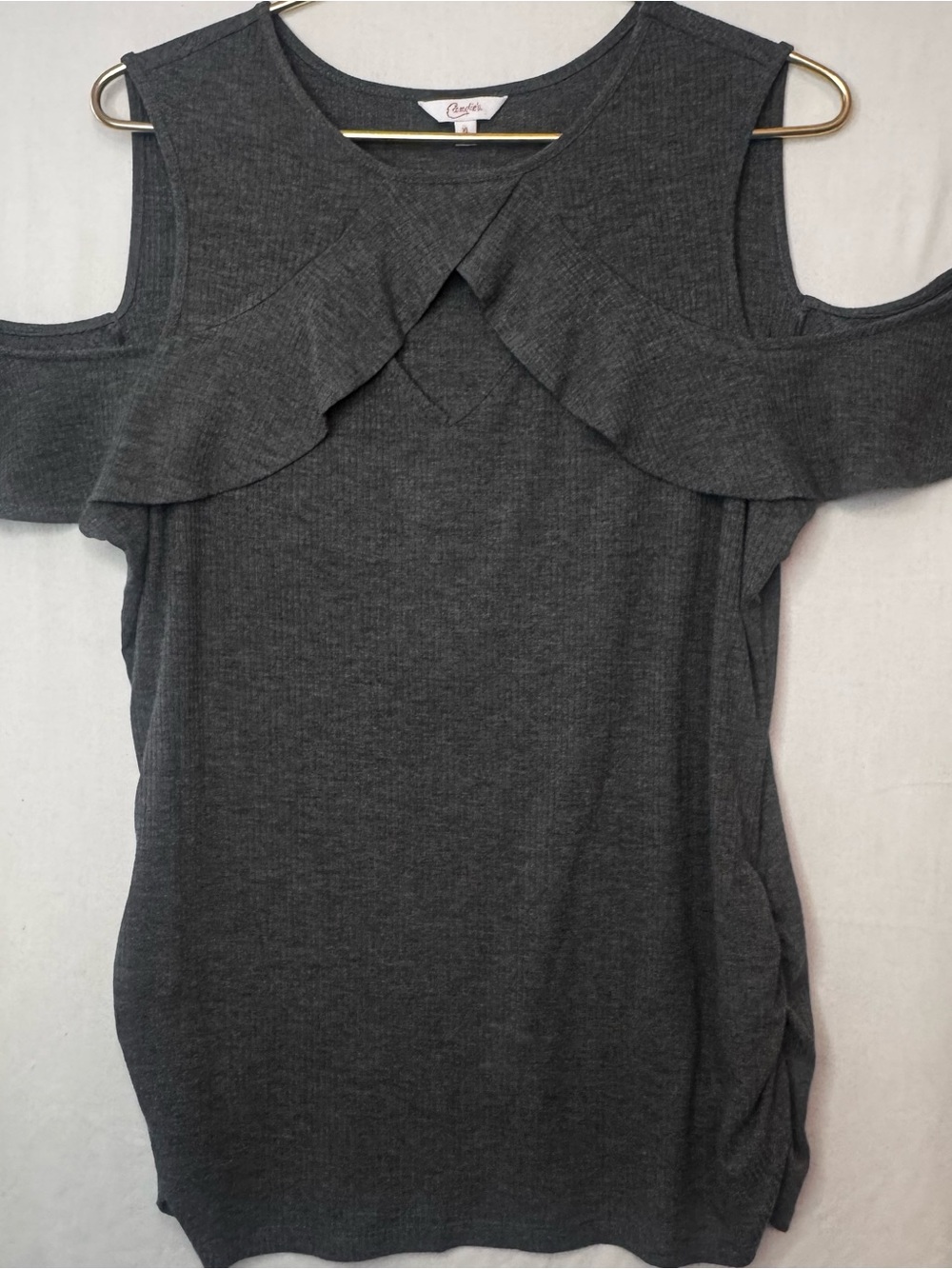 Candie's Charcoal Cold-Shoulder Ruffle Knit Top